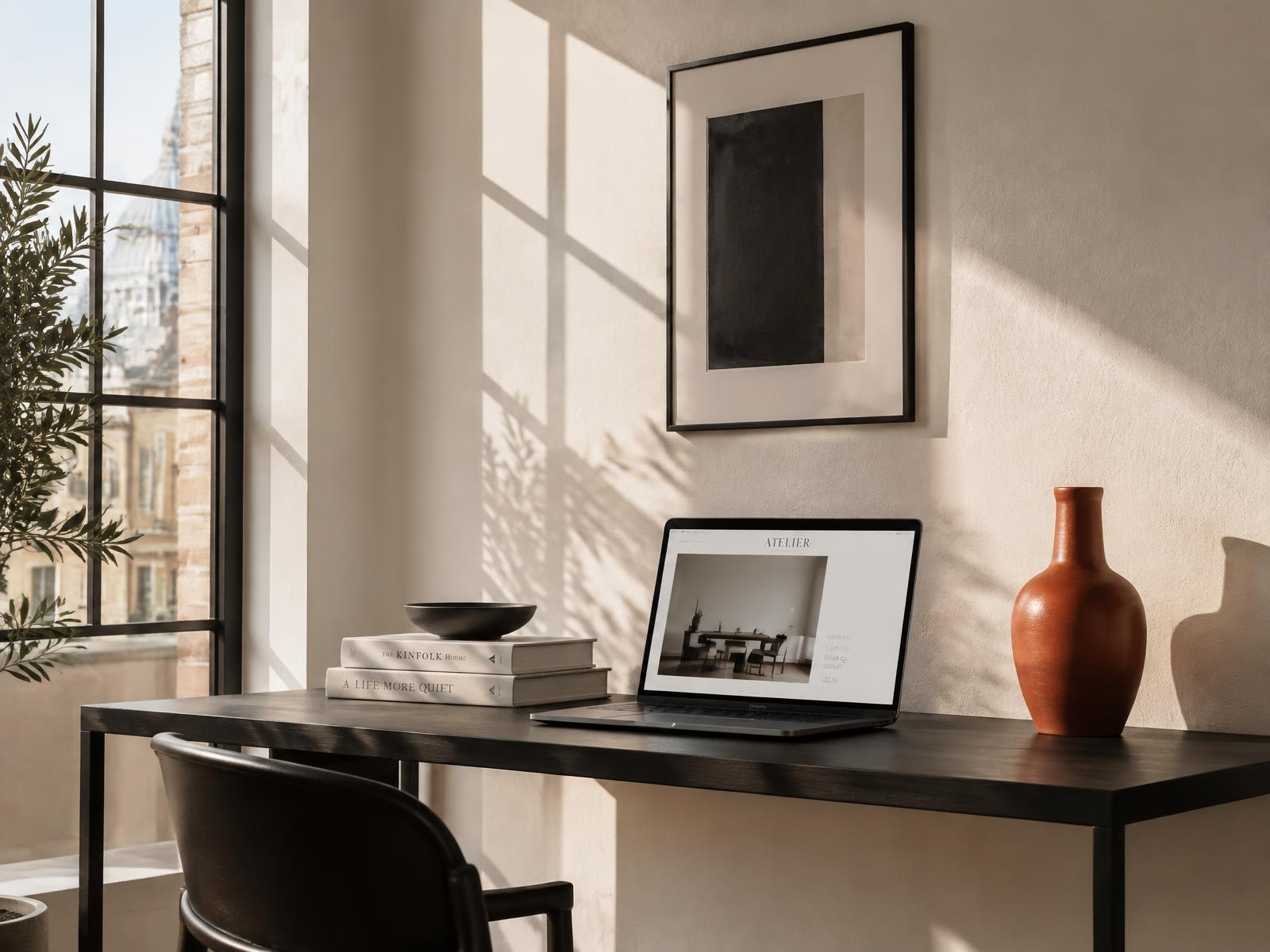 Sunlit London studio desk with a laptop showing an elegant website design